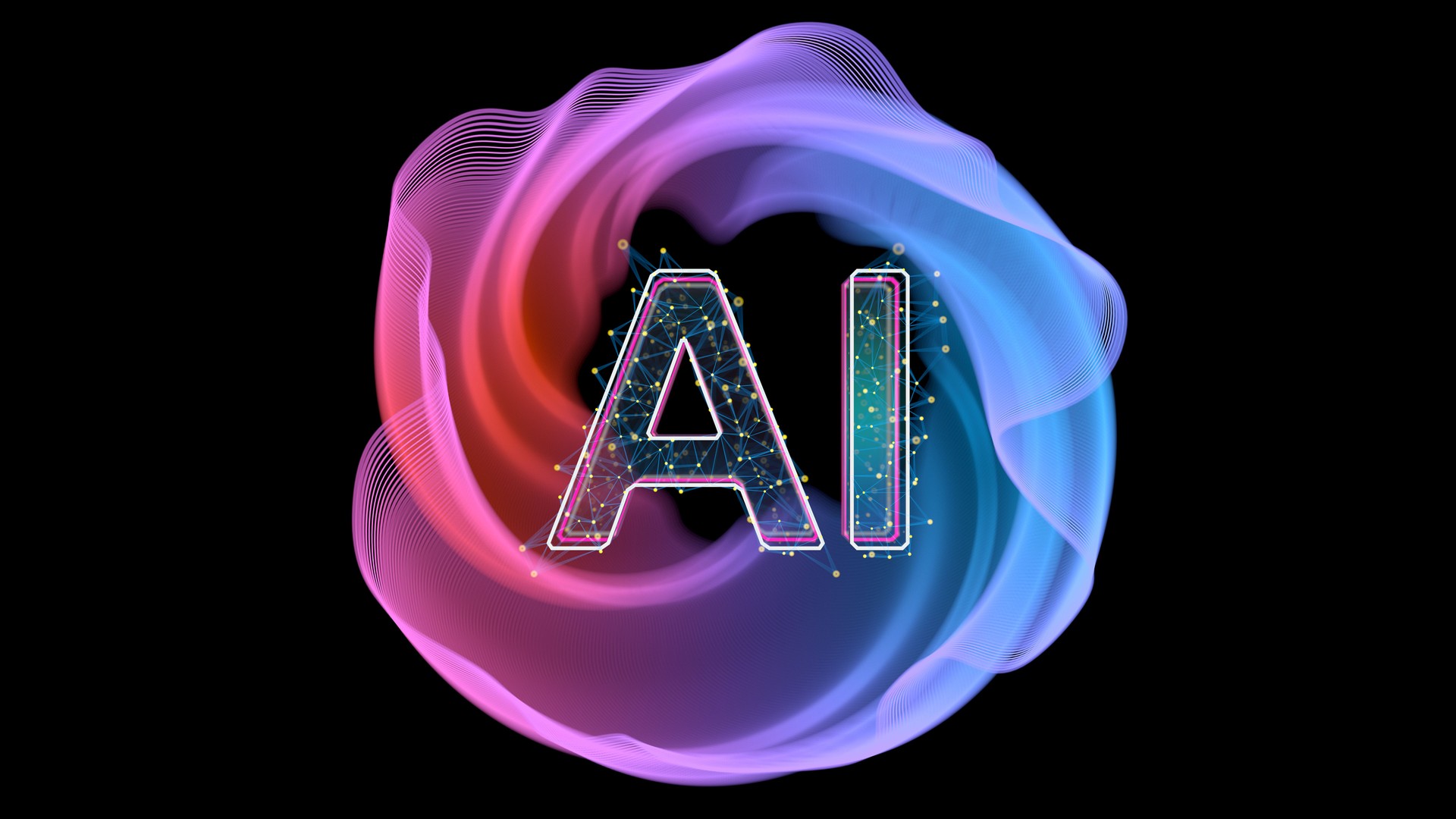 AI - Artificial Intelligence. Art concept colorful lines. Big data and network. digital transformation concept. Black background